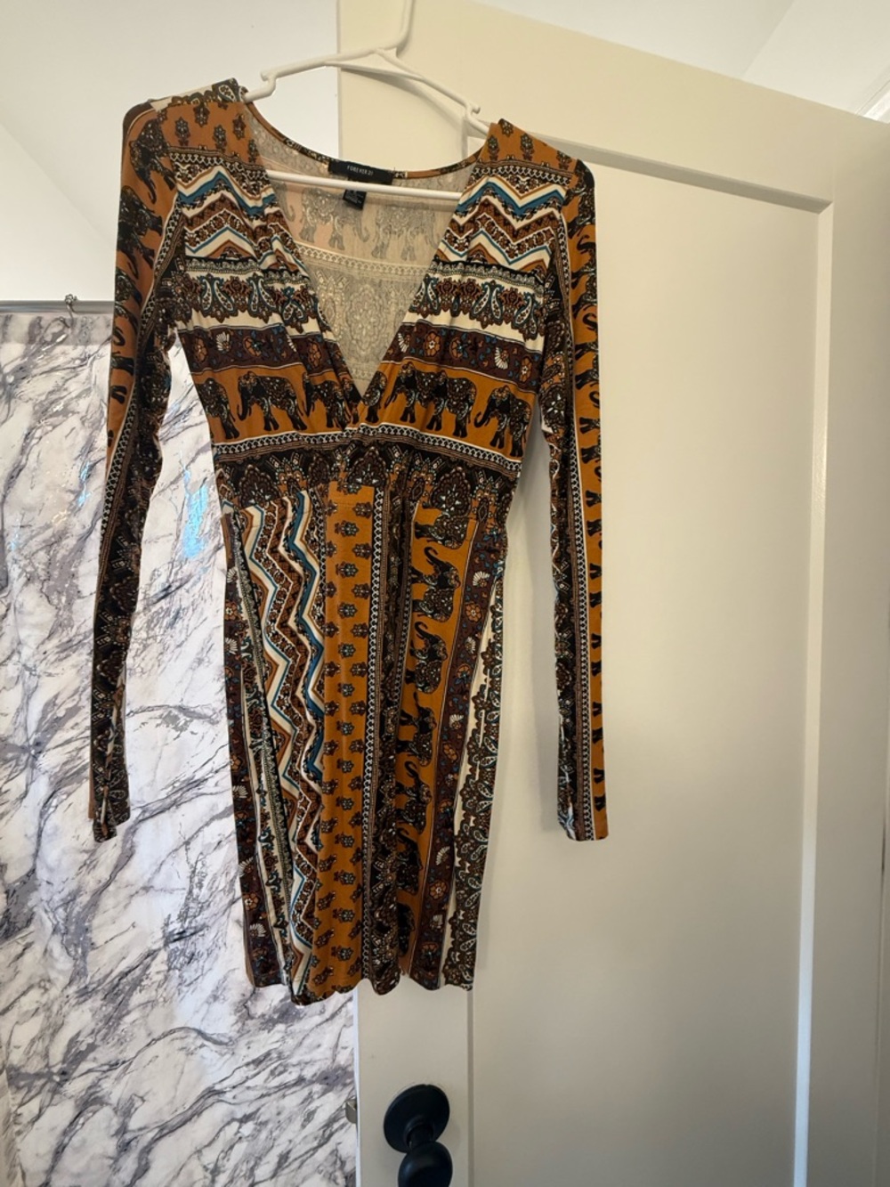 Forever 21 Mustard Boho Elephant Print Long Sleeve Wrap Dress